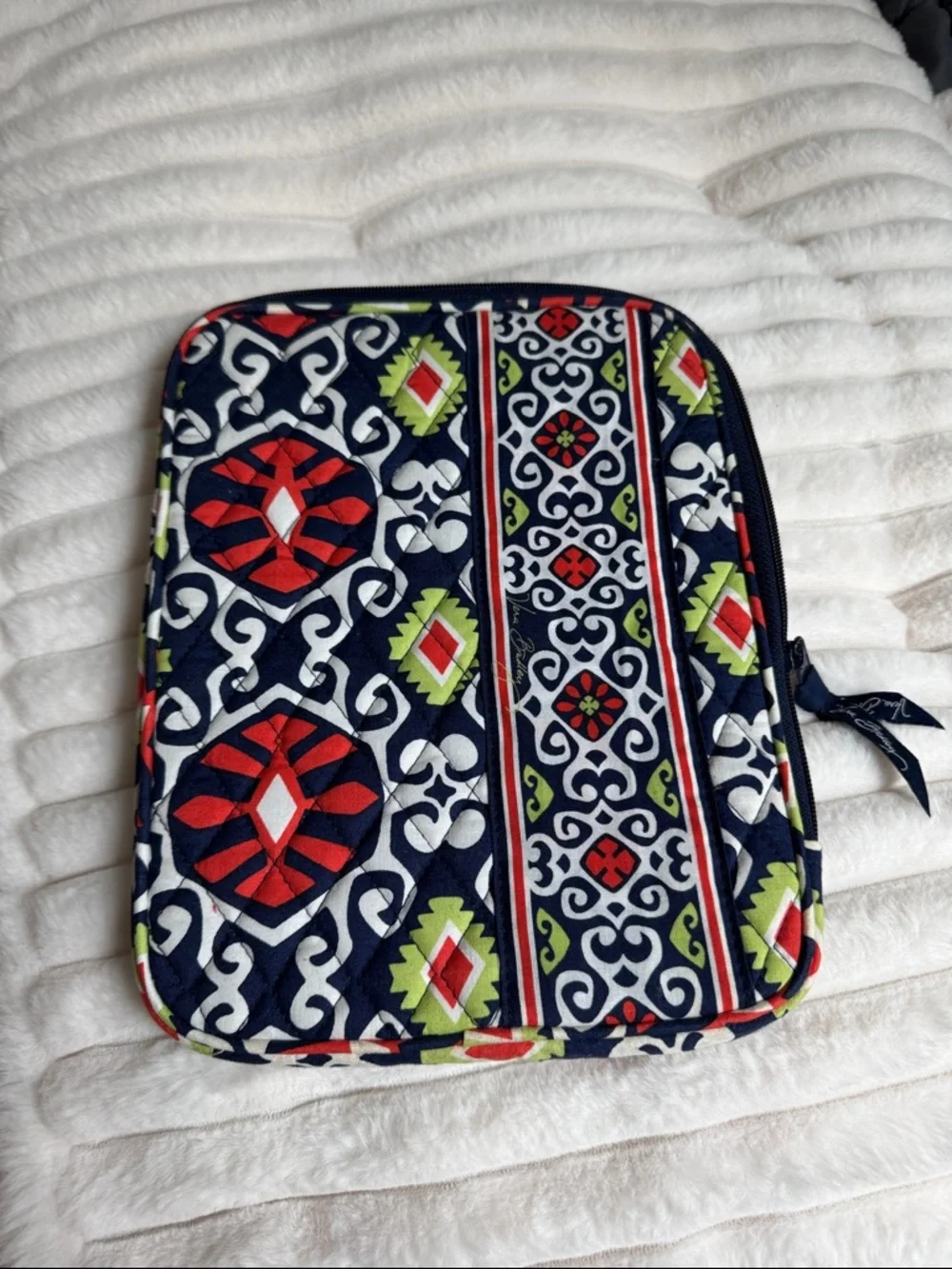 Vera Bradley Navy Quilted Zip Pouch with Red, Lime & White Motif